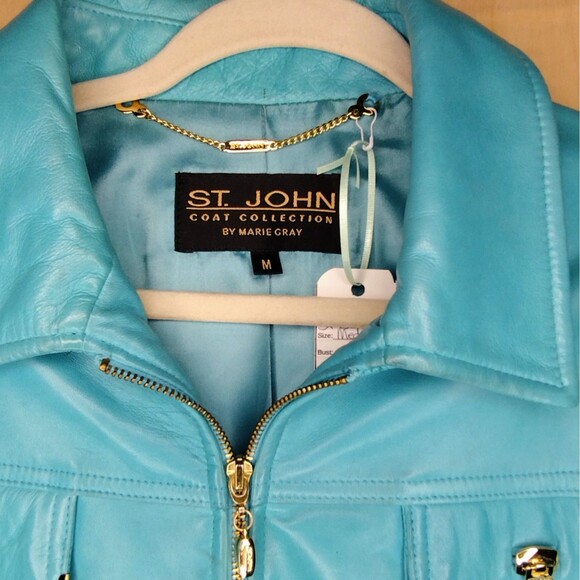 St Johhn Marie Gray Turquoise Soft Leather Short Jacket Medium - Picture 5 of 16